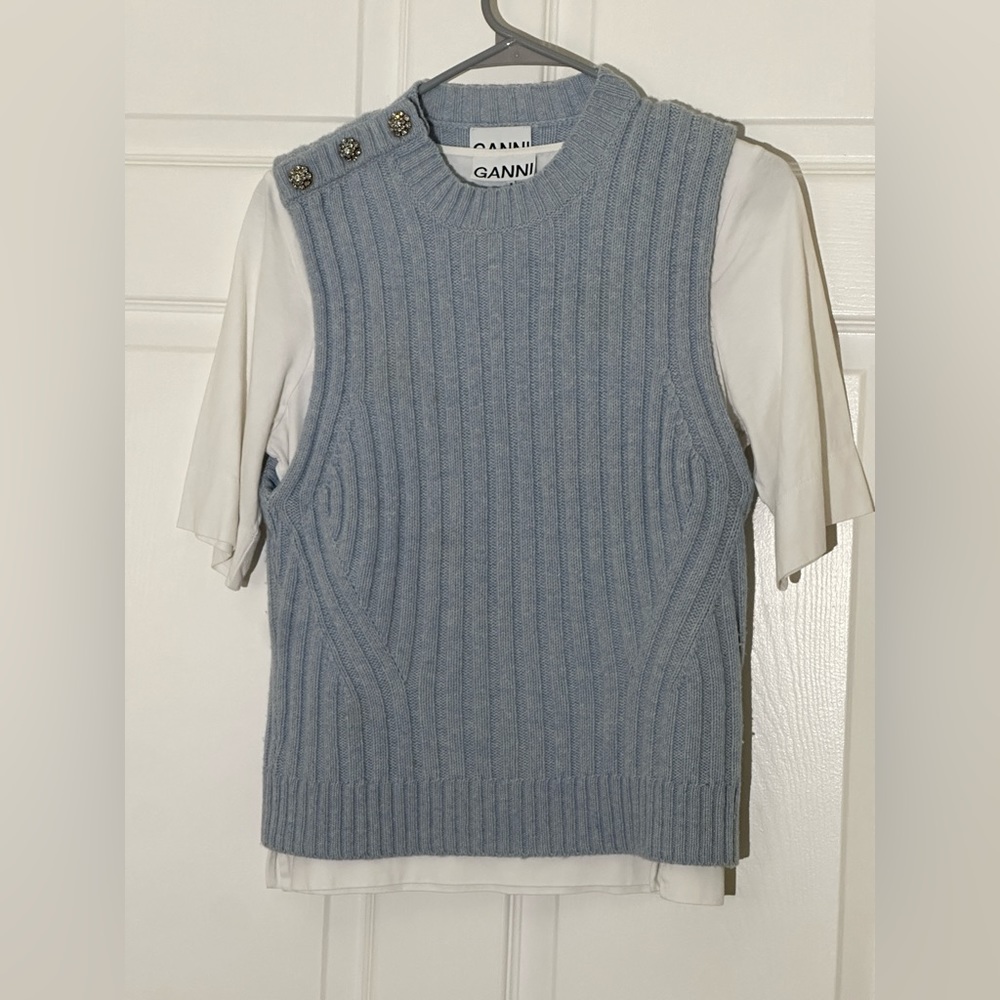 GANNI SET Wool Sweater Vest with Crystal Details + White Tee